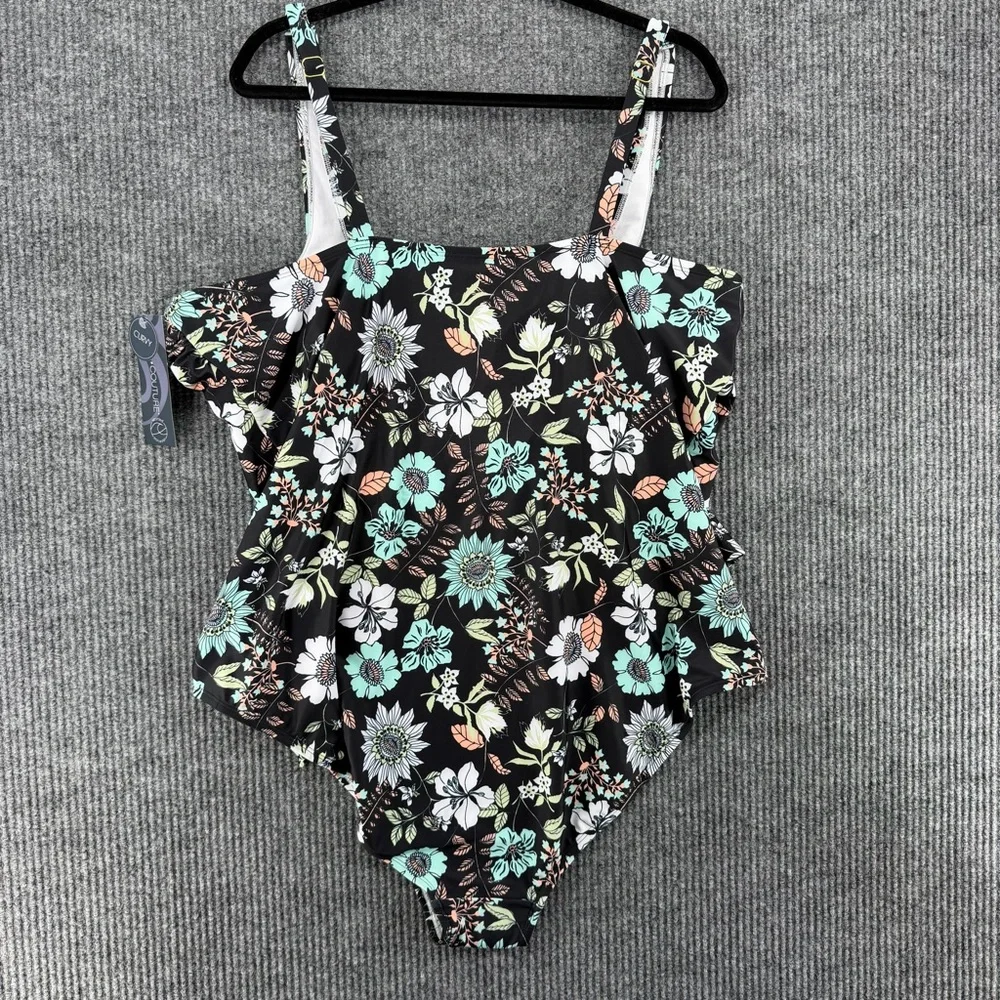 NWT Plus Size Floral Wrap‎ One Piece Swimsuit Ruffle Tummy Control 3X